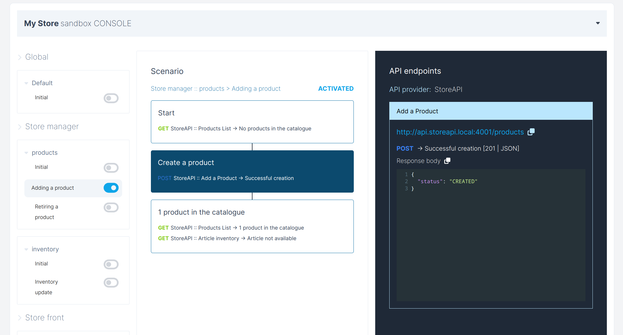 Apidojo usage STEP 2: design all scenarios and sequences in a sandbox, activate specific sequences and scenarios, then expose the whole stuff in a specific port